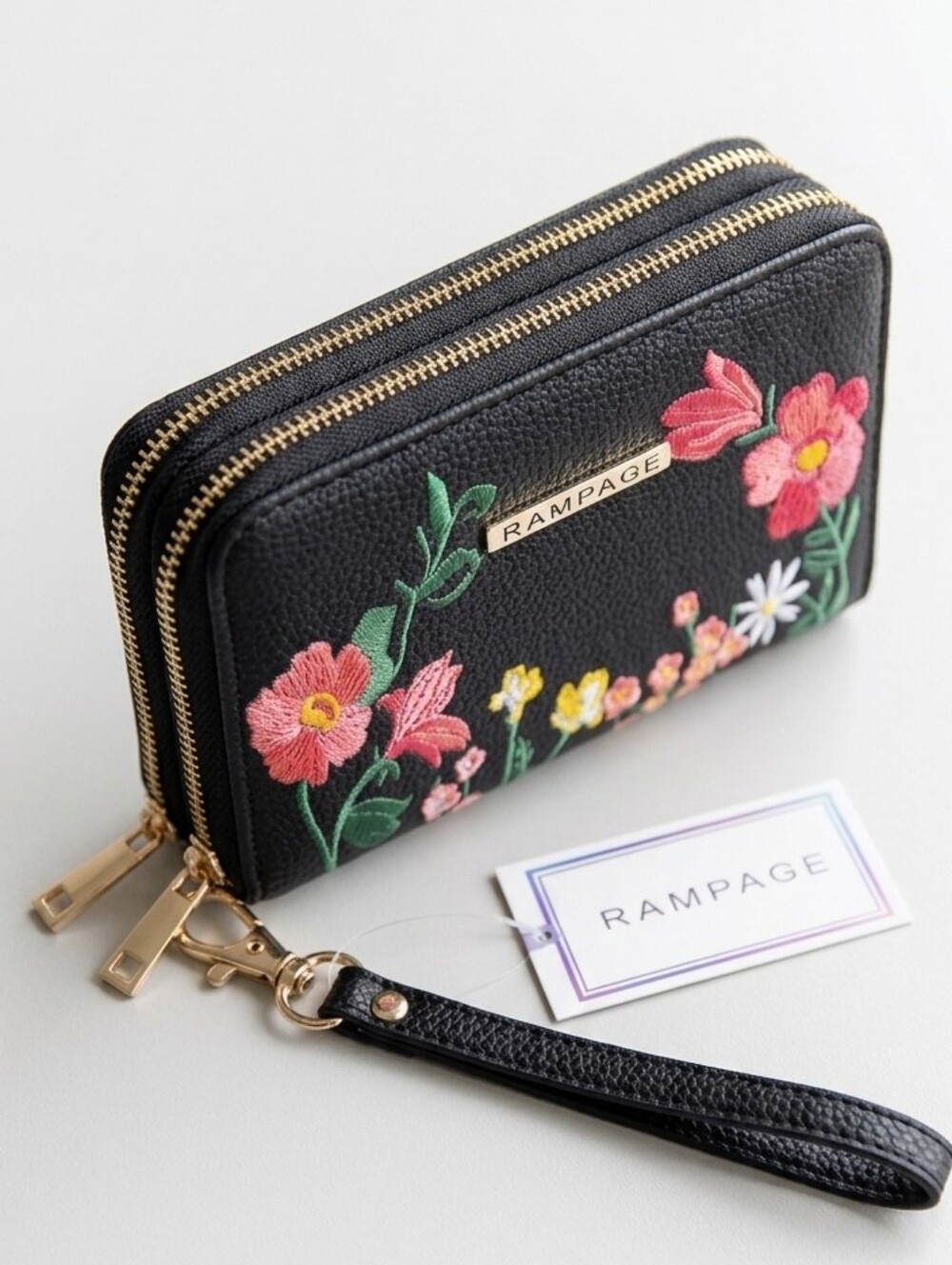 Rampage NWT Black Floral Embroidered Double Zip Wristlet Wallet Boho Whimsygoth